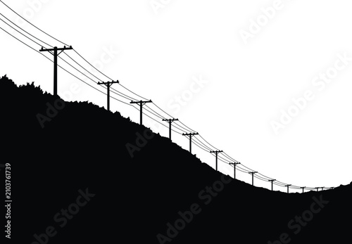 Utility Poles with Overhead Power Lines on Hillside Silhouette Vector for Electrical Infrastructure Landscape