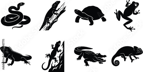 Bild auf Leinwand Reptiles and amphibians silhouette icons set including snake turtle frog crocodi