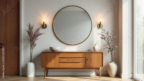 Modern minimalist hallway interior design with wooden sideboard, round mirror, and dried floral arrangements in ceramic vases.