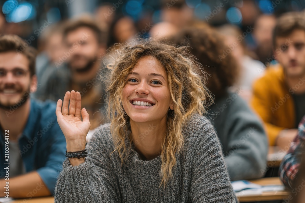 Obraz premium Young woman with curly hair raises hand in classroom filled with students, engaged in discussion during a lecture in a modern educational setting
