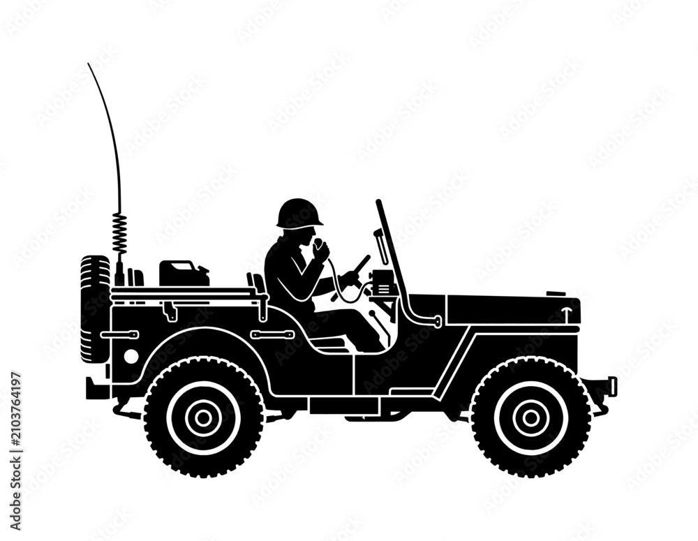 Fototapeta premium Black silhouette of a soldier driving a vintage military jeep with an antenna isolated on transparent background, Vector