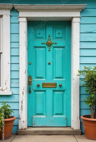 A charming turquoise door with weathered paint, ornate brass hardware, and a white frame on a teal clapboard house, flanked by potted plants