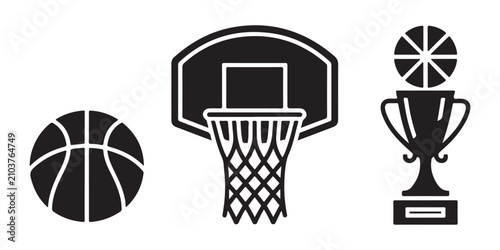 Basketball sports icons set with ball hoop and trophy cup symbols for championship game and team awards.