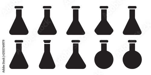 Canvastavla Set of black erlenmeyer flask icons and round bottom flasks for chemistry laboratory equipment