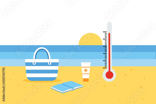 Hot Beach Day With Sunscreen, Tote Bag, Book and Thermometer Indicating High Temperature