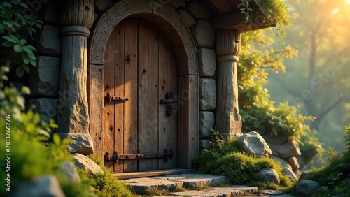 Ancient Wooden Doorway to a Mystical Stone Cottage Nestled in a Lush, Verdant Garden Bathed in Golden Sunlight