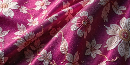 Crimson Drapery with Embroidered Floral Design and Delicate Metallic Accents, Luxurious Textured Fabric, Close-up Detail Shot