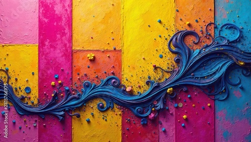 Vibrant Abstract Textured Artwork Featuring a Dynamic Blue Wave Across a Colorful Background of Pink, Yellow, and Orange Panels