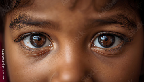 Close-up of child's hopeful brown eyes reflecting innocence and potential. Expressive young face with detailed irises and natural light for emotion...