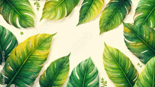 Vibrant Tropical Foliage Frame  A Lush Arrangement of Green and Yellow Leaves with Small Plants for Natural Design Elements