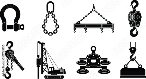 Fotografía Heavy lifting rigging and hoisting equipment black silhouette vector icons set f