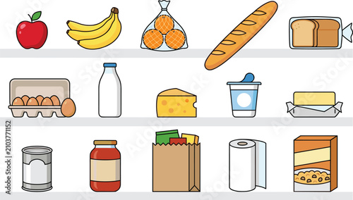 Essential Grocery Food Collection with Fresh Fruits Bread Dairy Eggs Pantry Staples Canned Goods and Supermarket Products Vector Illustration Set