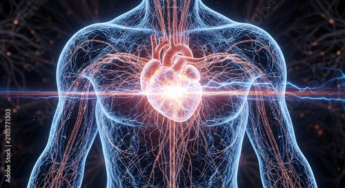 Human body anatomy with glowing heart digital art for medical education and health branding