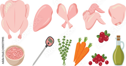 Tableau sur toile Fresh Chicken Meat Ingredients Collection with Whole Poultry Breast Wings Drumst
