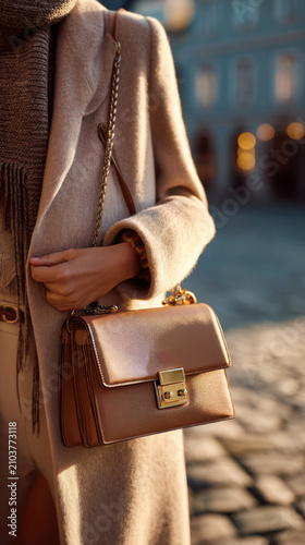 Hand holds a brown bag during sunset in a city street with buildings and people in the background while a warm light shines on the scene