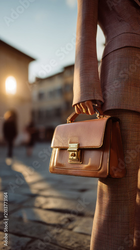 Hand holds a brown bag during sunset in a city street with buildings and people in the background while a warm light shines on the scene