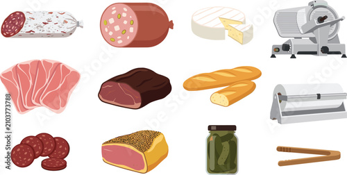 Cuadro en lienzo Gourmet Deli Food Collection with Salami Ham Cheese Roast Beef Baguette Pickles