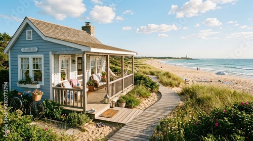 A charming blue cottage sits beside a sandy beach with a wooden walkway leading to the ocean. The cottage features a porch with a hammock and a bicycle.