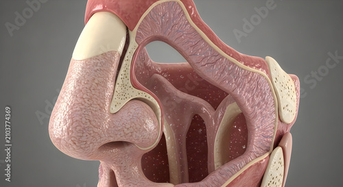 3d render of human nose and sinus cavity, detailed anatomical structure, medical illustration, educational visualization