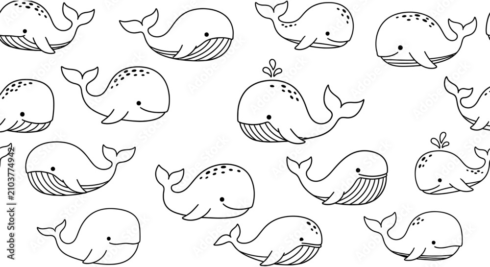 Naklejka premium Whale Pattern Black And White Vector Illustration On A White Background