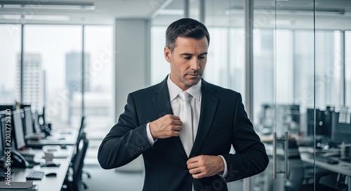A serious, well-groomed man is adjusting his suit jacket in a modern office. He is focused and appears contemplative.