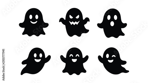 Minimal Black Ghost Icon Set – Flat Halloween Ghost Silhouette Vector Collection
