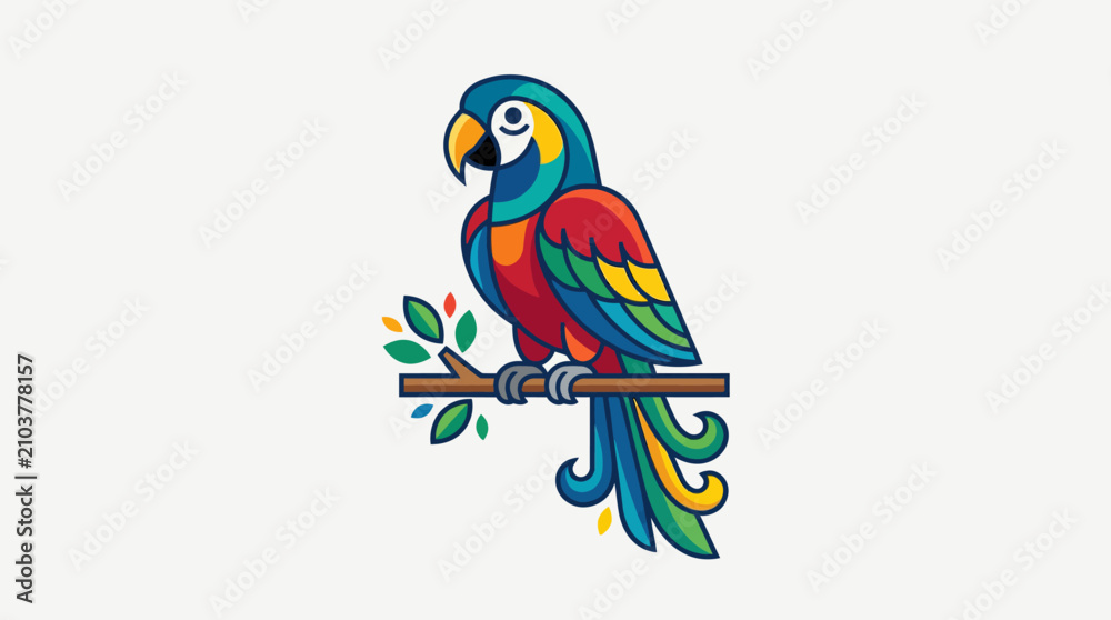 Fototapeta premium Colorful parrot perched on branch vibrant bird illustration