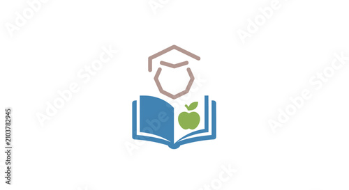 A simple graphic icon showing a student with an open book and a fresh green apple