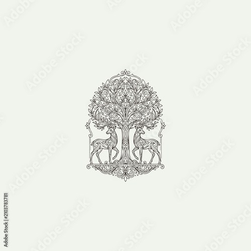 Ornate Tree of Life with Two Deer Line Art Illustration