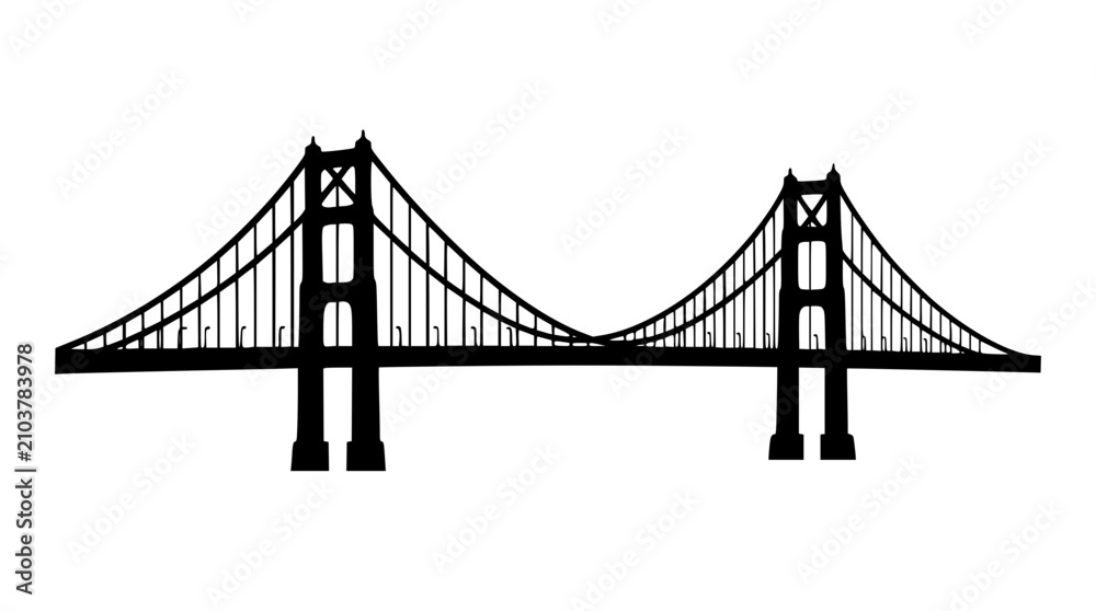 Fototapeta premium Black Silhouette of a Suspension Bridge Isolated on White