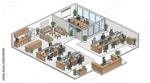 Bild auf Leinwand Isometric business office floor plan with employees working at desks