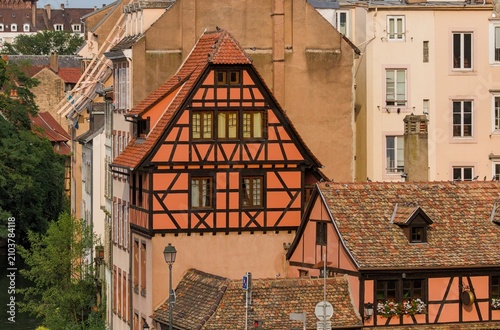A traditional half-timbered house stands in Strasbourg, France.