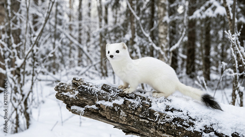White Ermine in Snow-Covered Birch Woods, Standing on Log