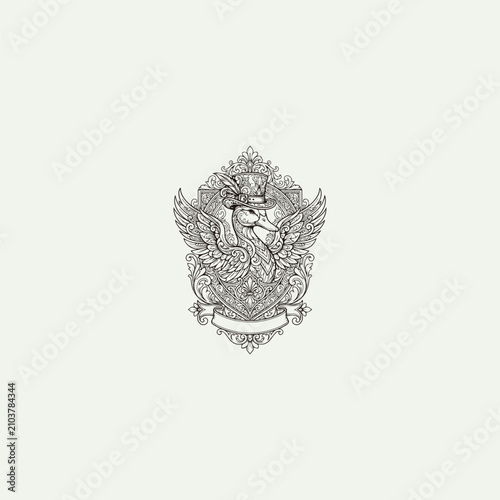 Vintage Ornate Swan with Top Hat Crest Illustration