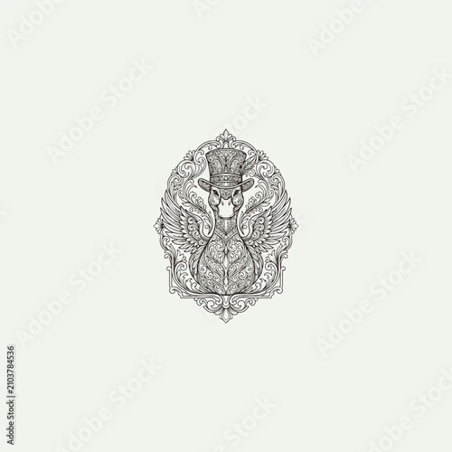 Ornate Vintage Duck Illustration with Top Hat and Filigree