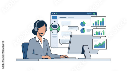 Customer service representative working with AI chatbot and data analysis
