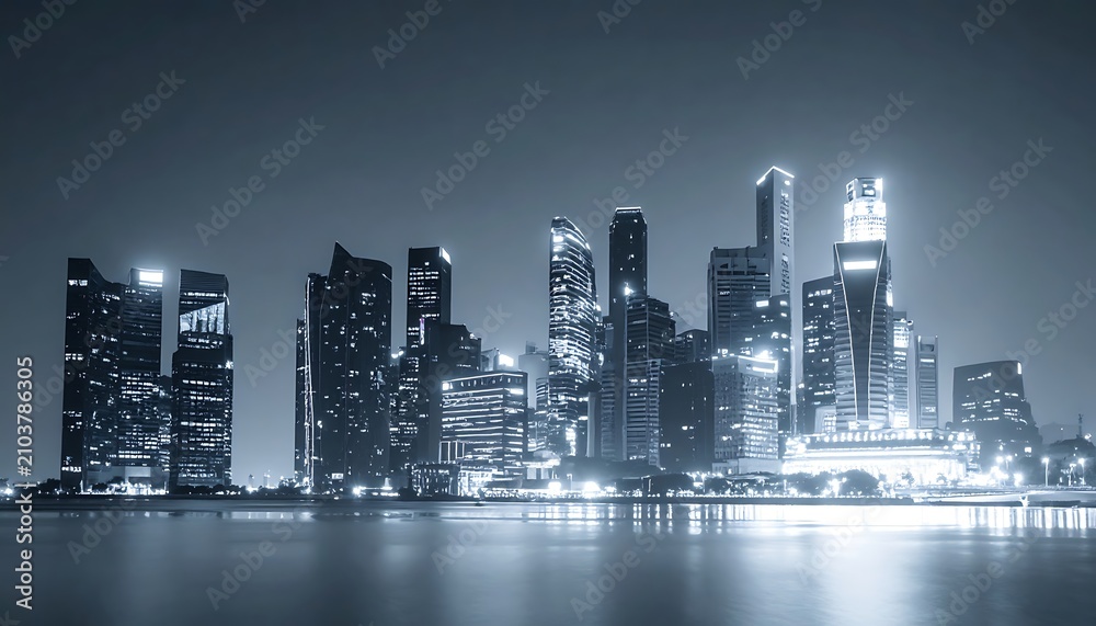 Obraz premium City skyline at night with skyscrapers.