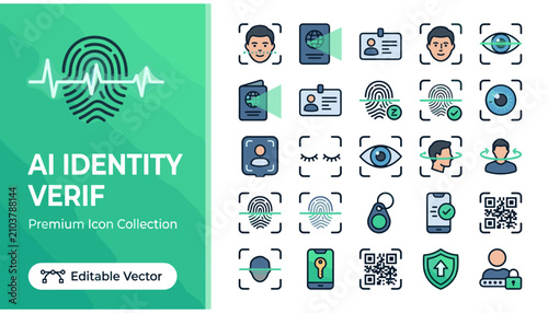 Ai identity verification and biometric security icons set digital authentication, facial recognition, fingerprint scanning, and personal identification technology vector symbols