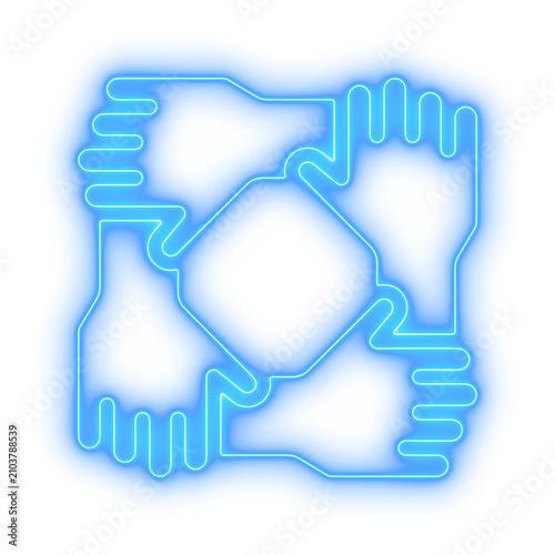 Canvastavla Blue neon four hands square lockup icon on transparent background for UI, brandi