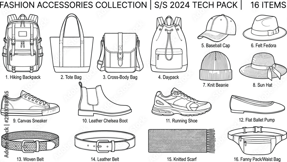 Fototapeta premium Collection of fashion accessories line art icons for seasonal tech pack including bags hats shoes belts and scarves