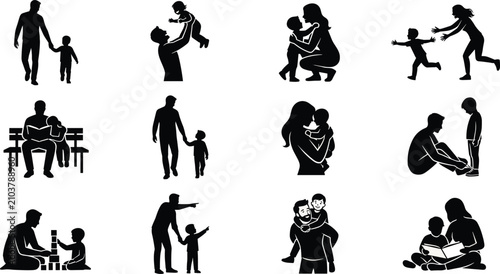 Konstfotografi Family silhouettes collection, parent child figures, nurturing icons, playful bo