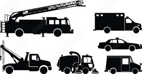 Collection of emergency and utility vehicle silhouettes including fire truck police car ambulance tow truck and street sweeper