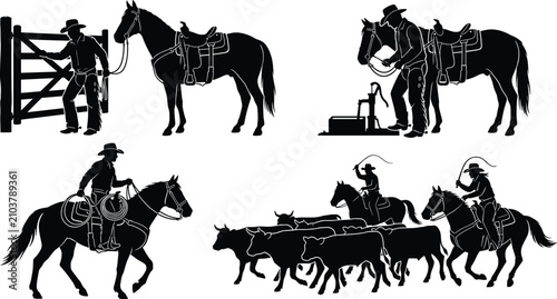 фотографія Collection of cowboy silhouettes riding horses and herding cattle in ranch envir