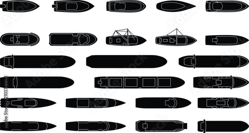 Collection of top-down silhouettes of various boats, ships, yachts, and marine vessels for nautical design projects