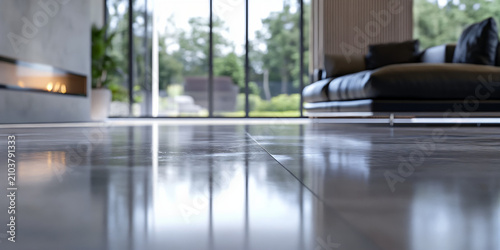 Modern polished concrete floor in luxury living room, minimalist interior design with glossy gray flooring, contemporary home with large windows