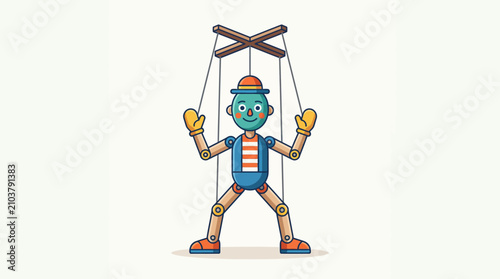 Tableau sur toile Puppet character controlled by strings and wooden crossbar against white backgro