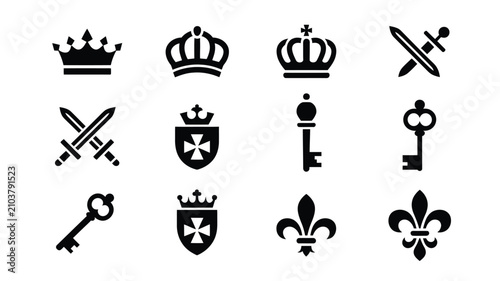 Royal and heraldic symbols vector collection of medieval emblems with arranged structured grid easy reference collection twelve distinct displays clean minimalist