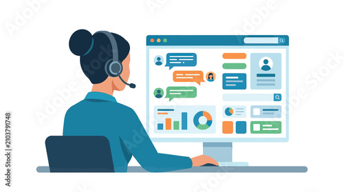 Customer support representative using computer dashboard for online service assistance