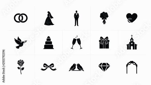 Elegant black and white wedding symbols vector icons collection with ceremonial elements against clean representing classic wedding bridal figures bouquets
