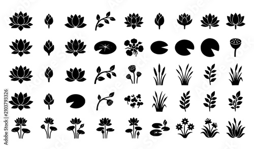 Konstfotografi Minimalist Lotus Flower and Lily Pad Silhouette Vector Set for Botanical and Spa